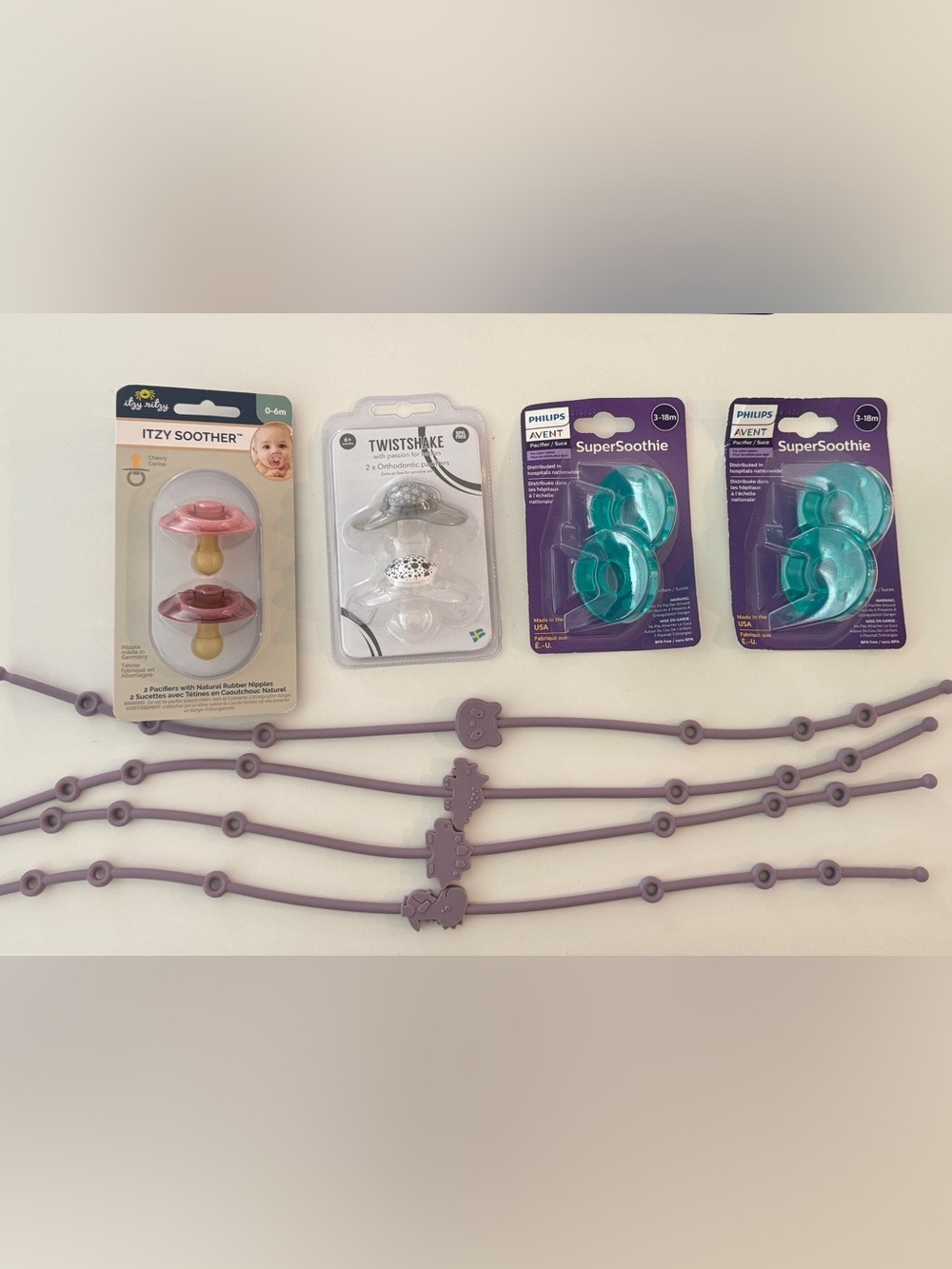 New Philips Avent, Itzy Fritzy & Twistshaken pacifiers with toy/pacifier straps